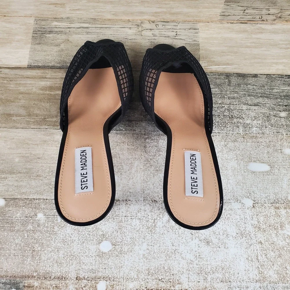 Steve Madden Riveting Womens Dress Sandals Sz 9.5 M Slip On Black Stiletto Heel